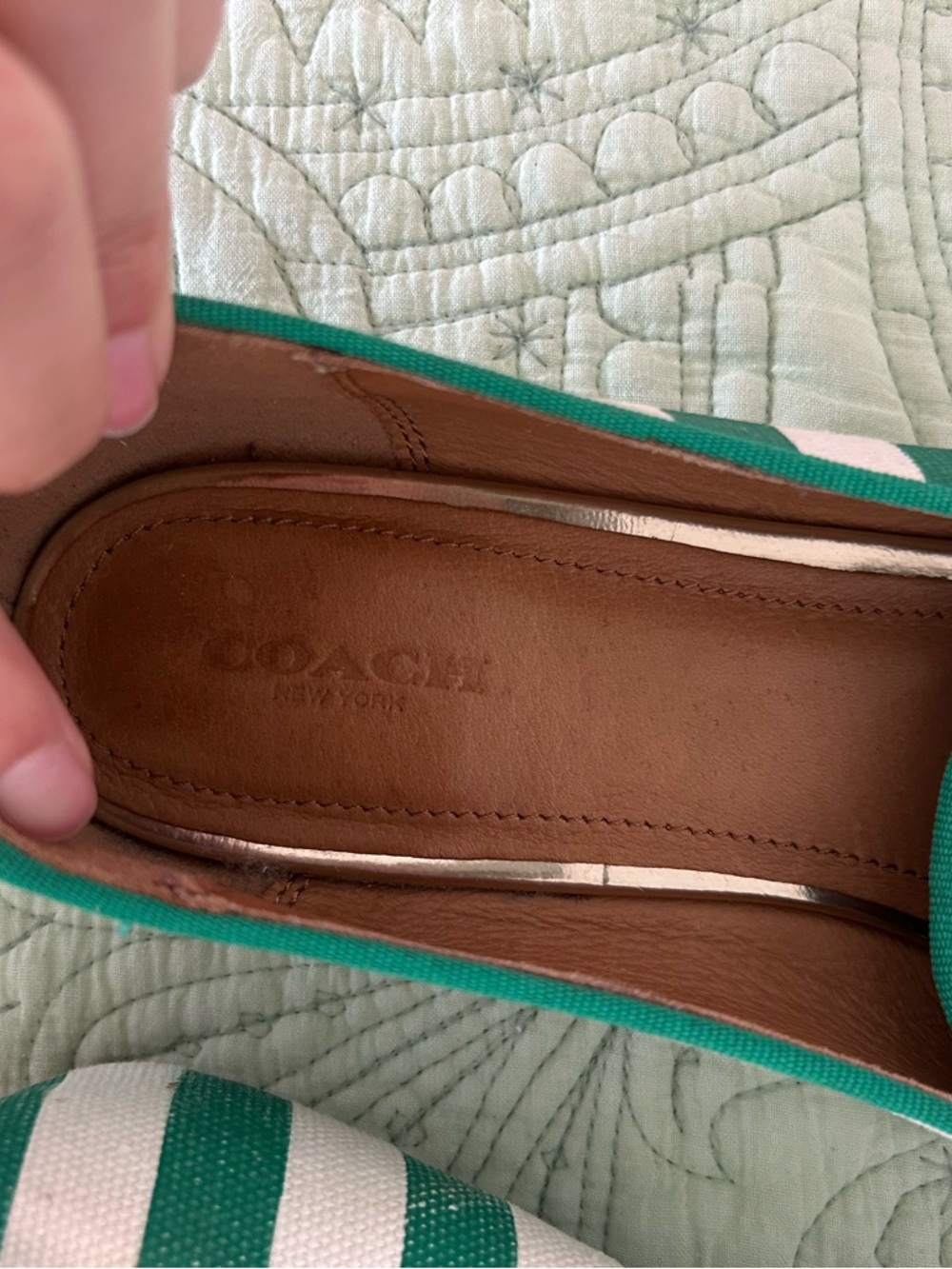 Coach Green and White Striped Canvas and leather Loafers lobster Embroidery - Picture 5 of 10